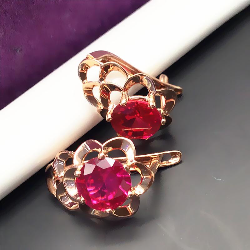 Exquisite Russian 585 Purple Gold Lace Earrings Fashionable And Noble Rose Gold-Plated Red Stone Foreign Gas Color Gold Ear Buckles