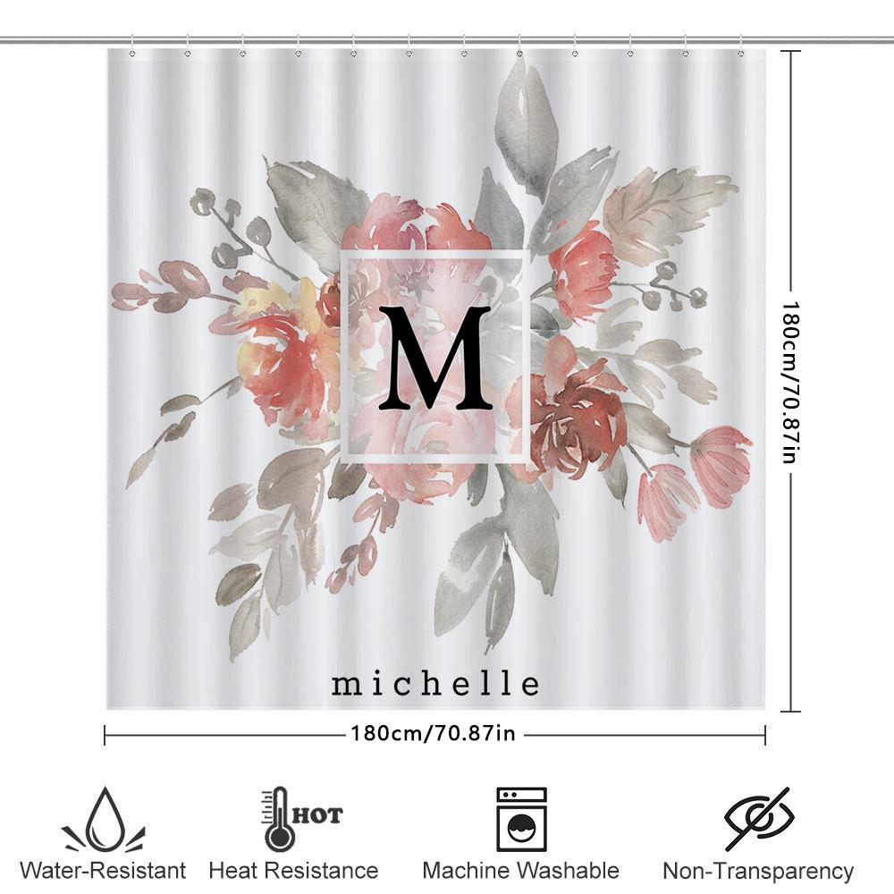 Custom Initial Monogrammed Shower Curtain For Bathroom Decor Watercolor Floral Design, White, Pink Gray Colors (M S