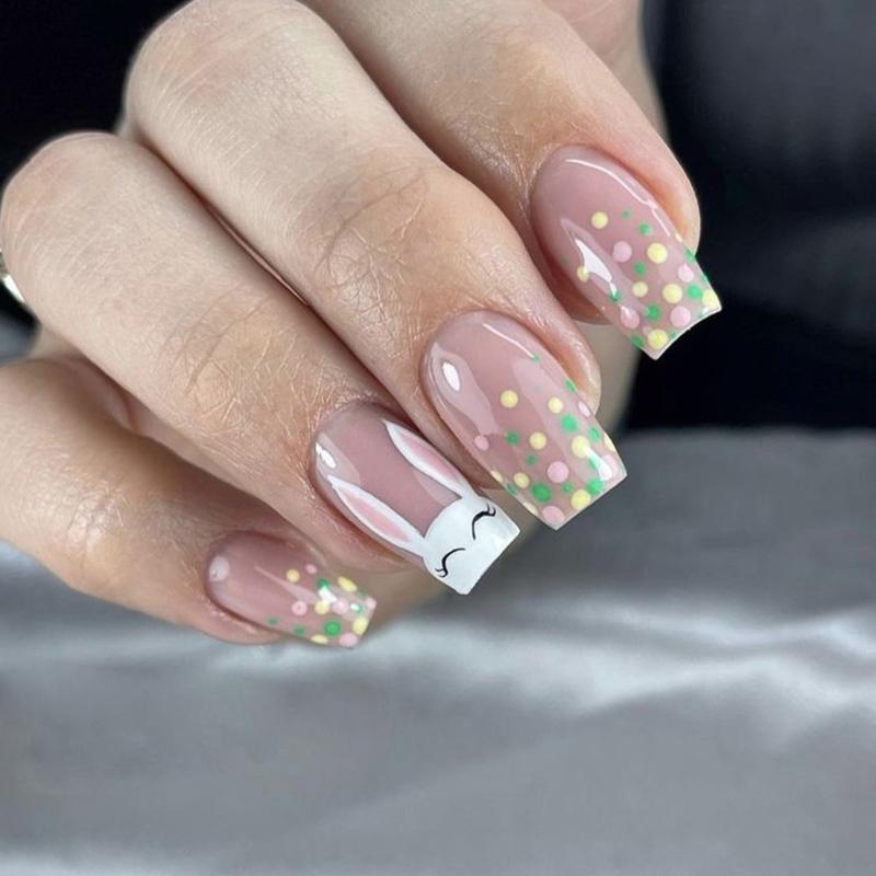 

24pcs Square Press On Nail with Rabbit Pattern Medium Artificial Nail Full Cover False Nail Manicure Nail Art for Women 1