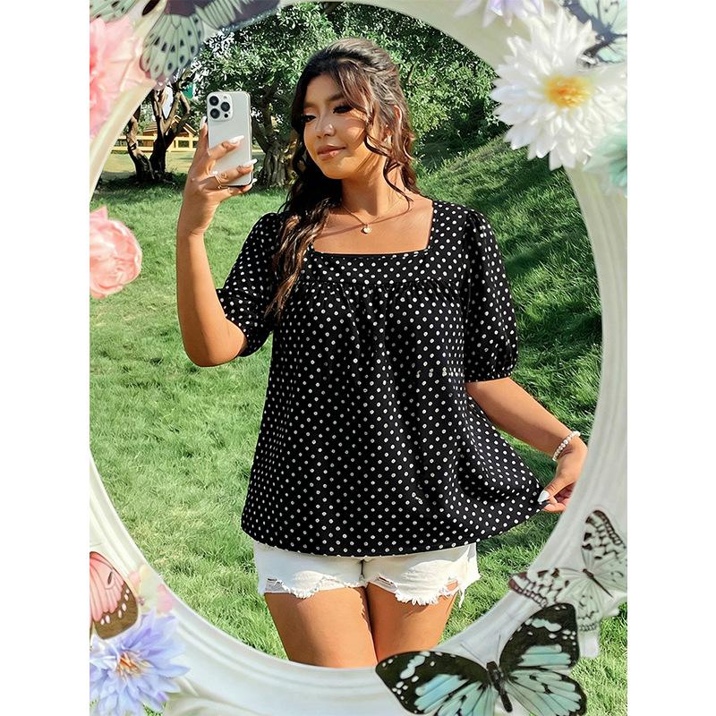 Summer New Large-sized Polka Dot Square-neck Top with Puff Sleeves, Loose and Slimming Baby Doll Style Shirt
