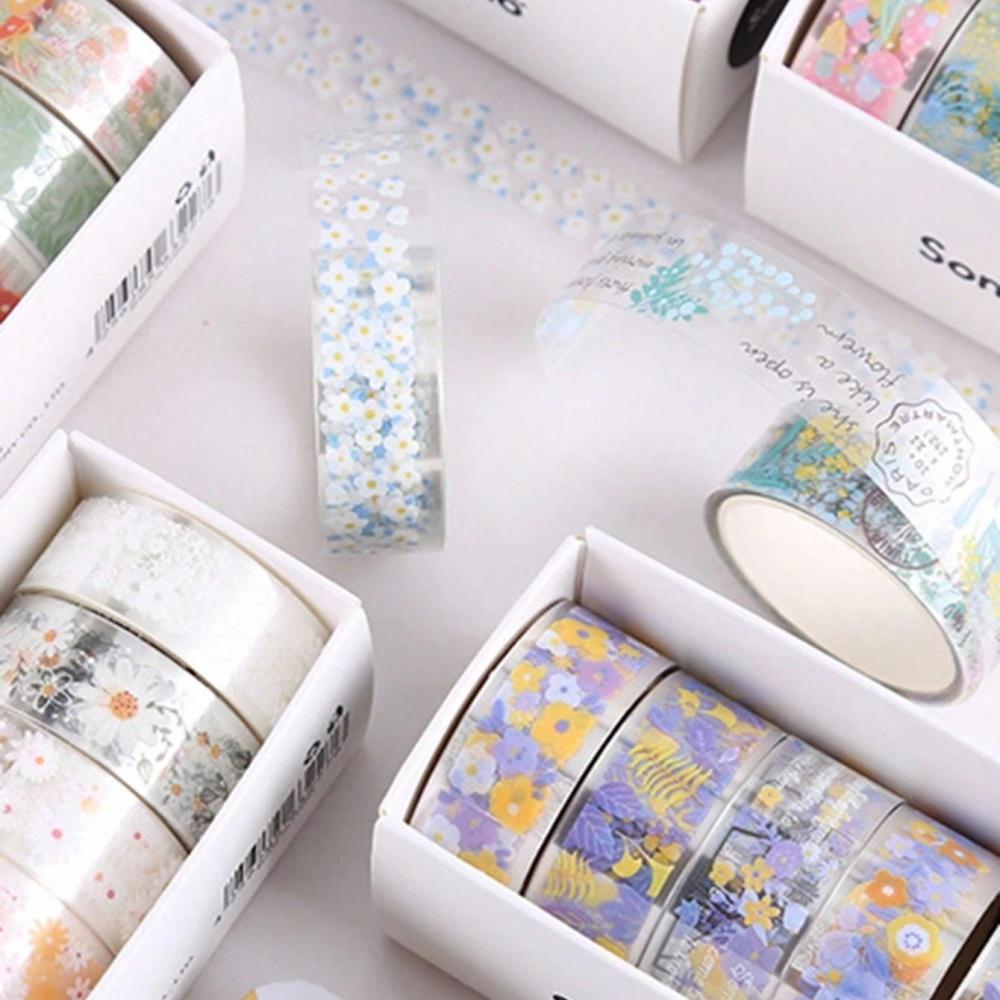 5 Rolls Of 1.8" * 3.23" Cute Transparent Midsummer Daisy Decorative Stickers DIY Materials And Paper Tapes