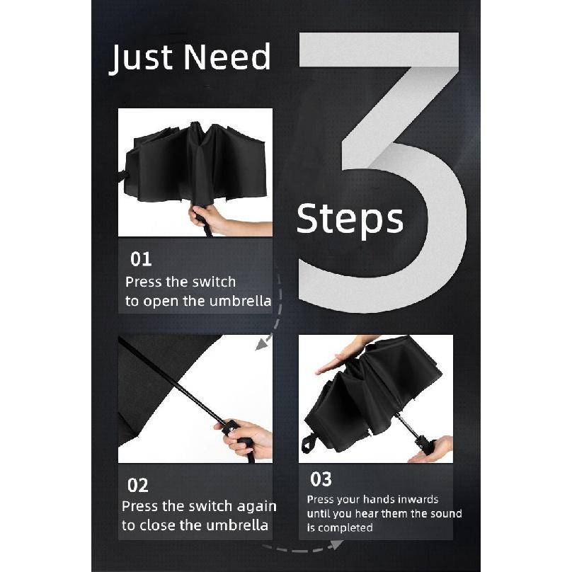 Fullautomatisk paraply for kvinne mann sterk 3-delt 8 ribber vindtett paraply for regn og sol høykvalitets paraply