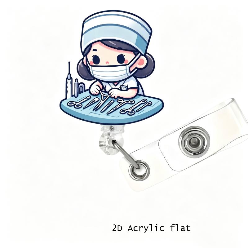 1Pcs 2D Flat Acrylic Badge Holder Retractable Id Badge Holder Scratch-Resistant Cartoon Nurse Badge Reel