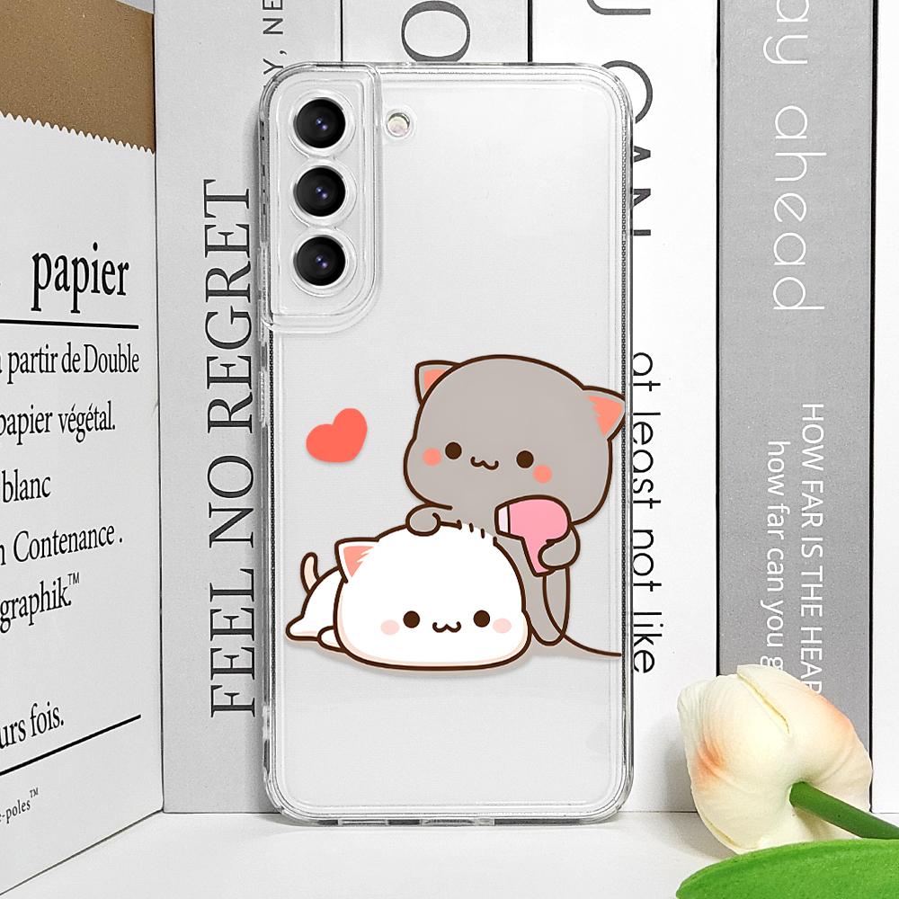 Funny Cartoon Peach Mochi Cat Phone Case for Samsung Galaxy S24 S23 S22 S21 S25 Ultra Plus FE 5G Clear Soft Covers Couple Fundas