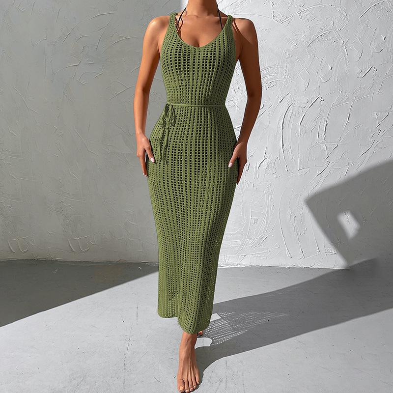 European Style Holiday Beach Knit Cover-up Dress - Backless and Hollow Out Design for Women, 2026