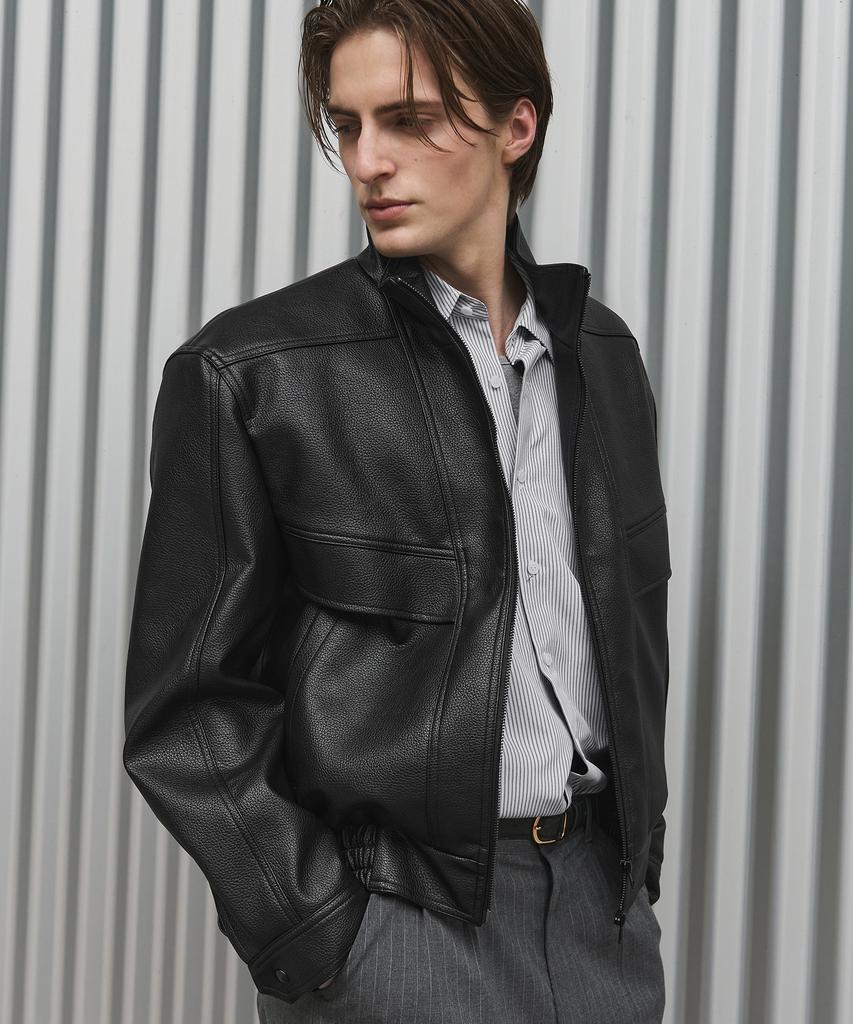 DRAW FIT Ackermann High-Neck Leather Bomber Jacket [Black]