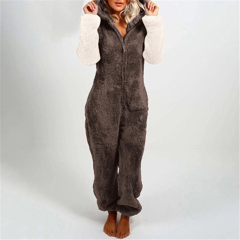 Damen Langarm-Overall mit Kapuze, Pyjama, lässiger Winter-warmer Strampler, Nachtwäsche