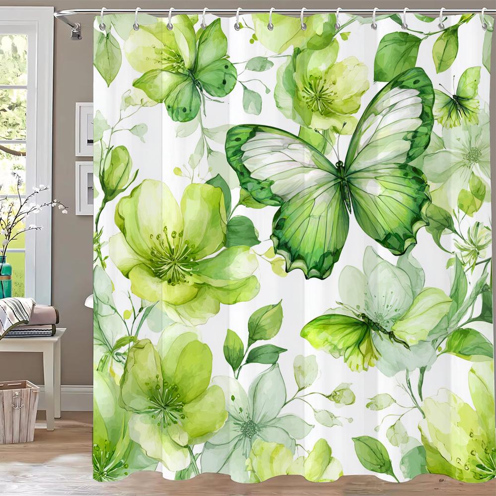 Beautiful Blue Flowers Shower Curtain, Bathroom Decorative Curtain, Printed Floral Polyester Home Curtain With Hooks