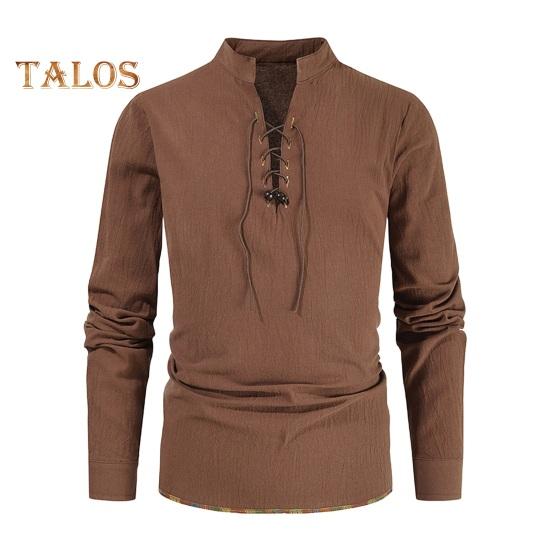 Spring Autumn Men Shirt Lace-up Stand Collar Long Sleeves Solid Color Loose Retro Medieval Mid Length Casual Commuting Office Top