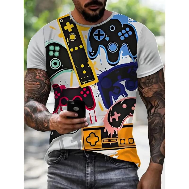 3D Digitaldruck Herren Freizeit Lebendiges Neon Game Controller Design T-Shirt Neu im Rundhals Kurzarm Gamer T-Shirt für Männer