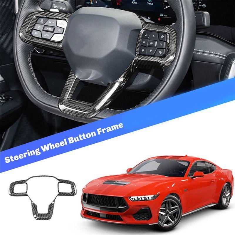 Real Carbon Fiber Interior Car Steering Wheel Button Frame Panel Cover Trim Accessories For Ford Mustang 2024+-T61C