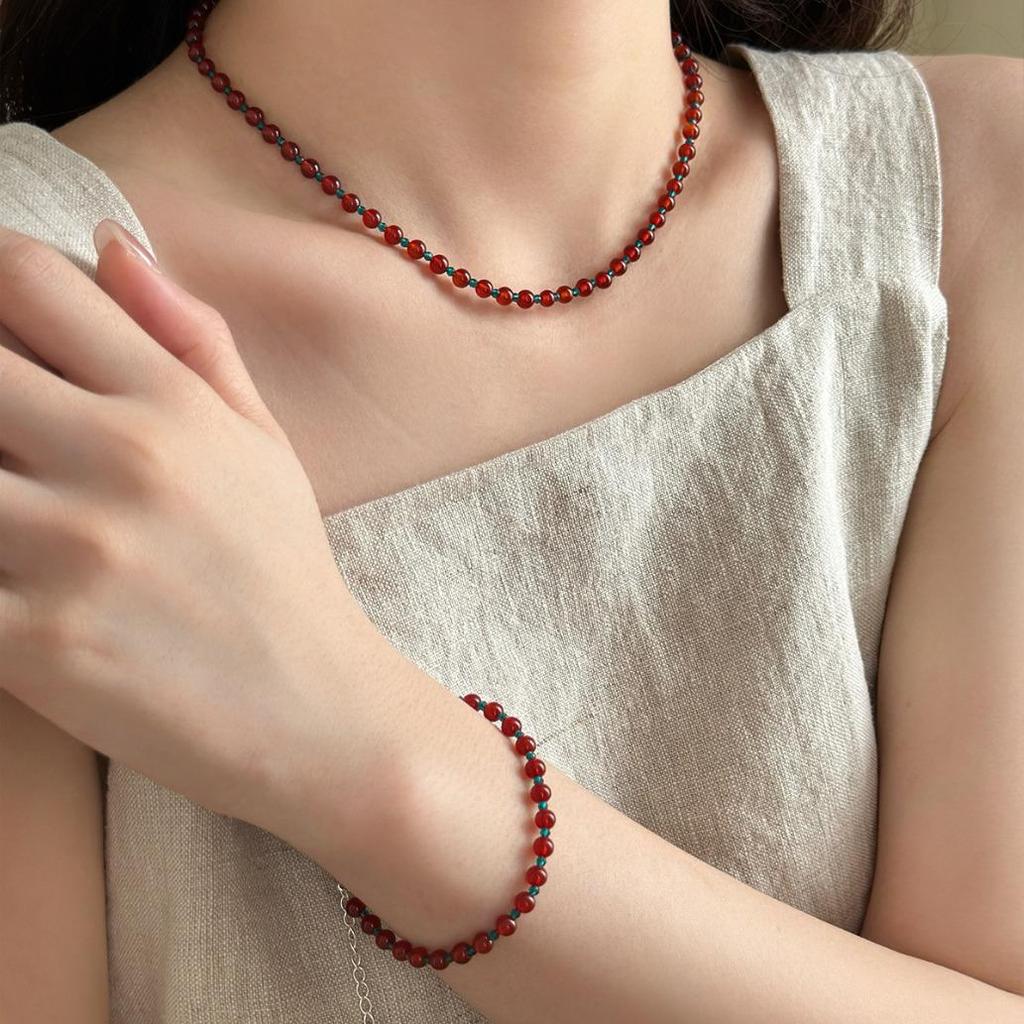 Ankela Red Beaded Necklace for Women, Light Luxury New Chinese Style, Chic & Versatile Clavicle Chain Bracelet