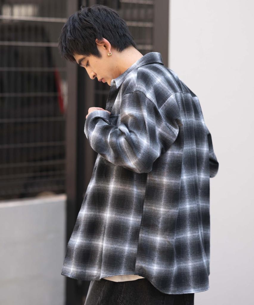 WEGO Unisex Ombre Check Flannel Long Checked Oversized Size Pattern 1 Shirt, Sleeve, Top, Autumn/Winter Clothing, Silhouette, Gift, Men's, L,