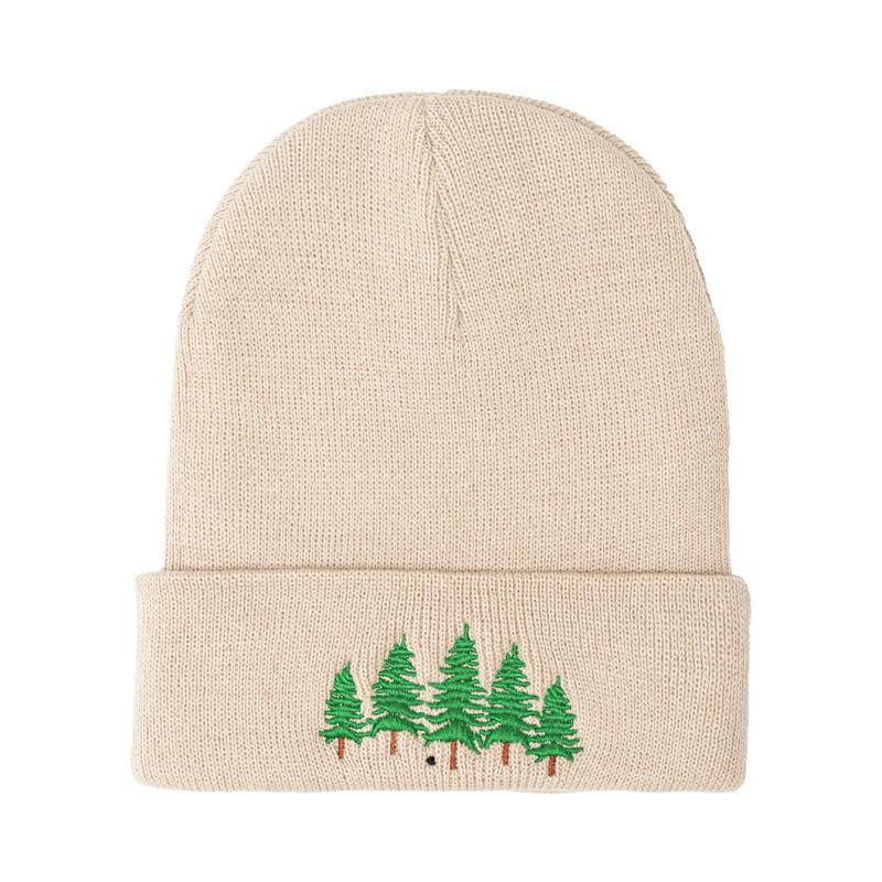 Autumn Winter Wool Beanie: Simple Knit Hat with Big Tree Embroidery for Men & Women - Warm, Outdoor, Casual Style