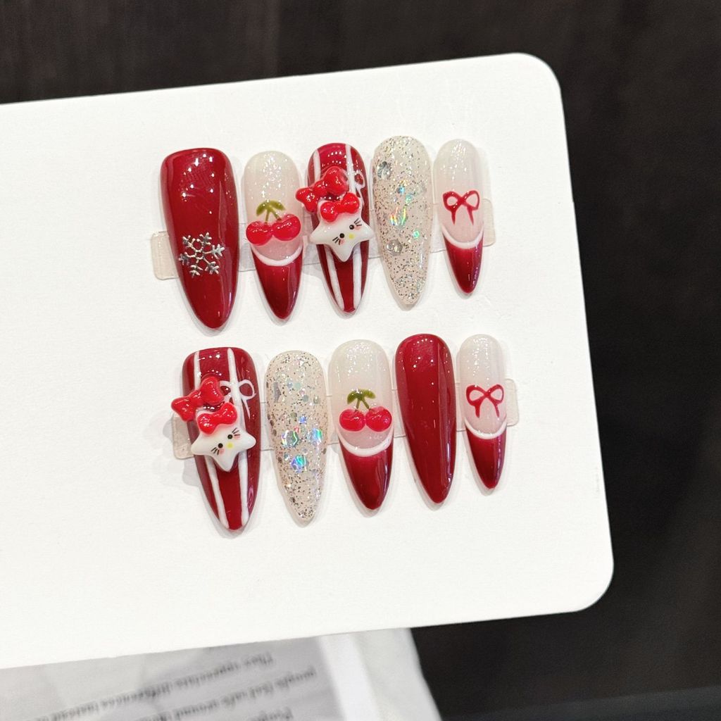 Handmade Press On Nail Sweet French Red Cute 3D Cherry Star Cat Bow Sequins Long Oval Fake Nail Patch Artificial Nail Reusable XS
