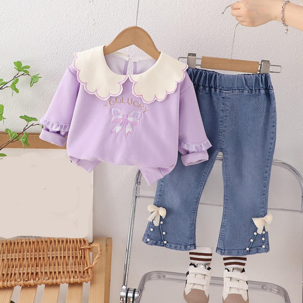 Roztomilý svetr s dlouhým rukávem a mašlí pro holčičky, stylový a ležérní dvoudílný kostým