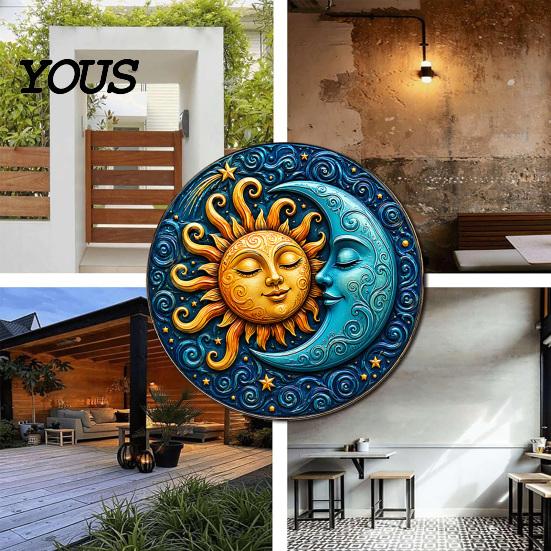 Modern Boho Wall Ornament Sun And Moon Art, 8Inch Round Metal Sign, Vintage Hanging Decoration for Home Living Room Bedroom Entrance Decor Retro Art