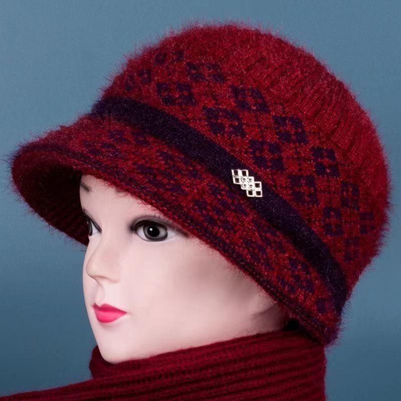 Hat Women's Autumn and Winter Fleece Big Eaves Knitted Hat Wool Hat Old Lady Thermos Hat