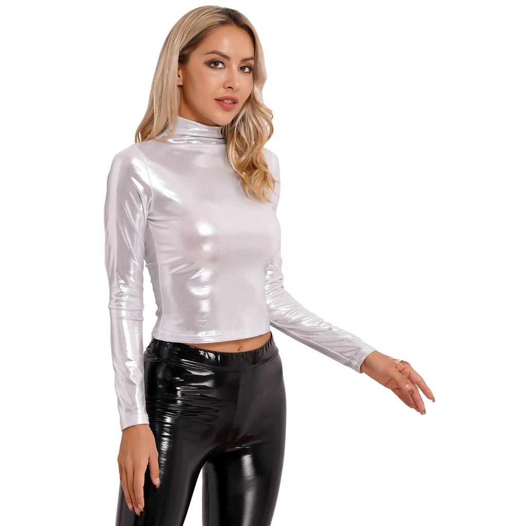 Damen Glänzendes Metallisches Schmal Geschnittenes Rollkragen Langarm T-Clubwear Cocktailparty Musikfestival Oberteile