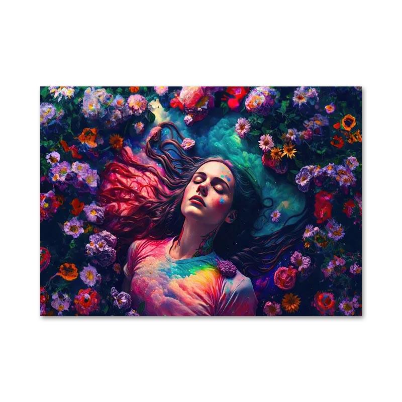 Abstract Colorful Rainbow Goddess Lotus Posters and Prints Figures Canvas Painting Wall Art Pictures for Room Home Decoration