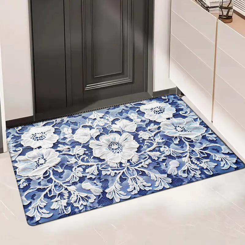 Blue and white floral print floor mat, made of polyester fabric, machine washable, suitable for bedroom living room decoration
