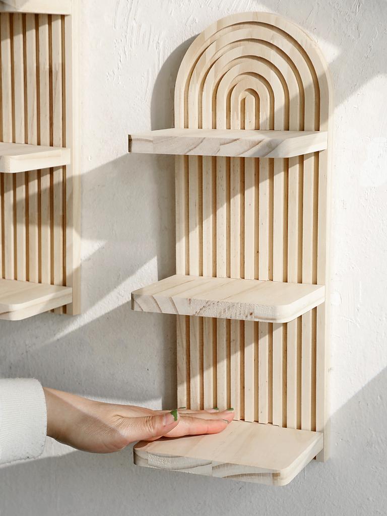 1Pc Boho 3-tier Wooden Wall Mounted Shelves - Arch Shelf Storage Organizer Display ,Natural Wood Floating Shelves for Home Decor