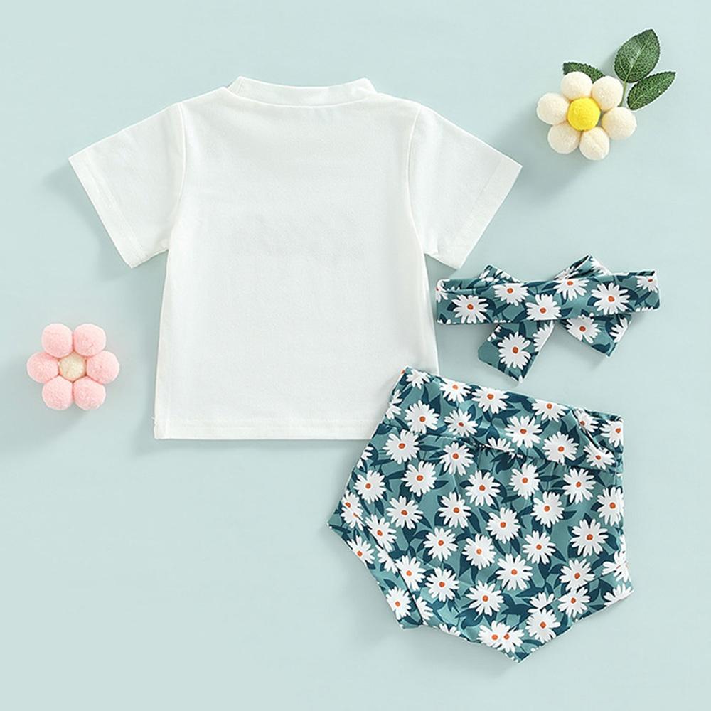 Summer Babe T-Shirt mit Buchstaben-Aufdruck + Shorts mit Gänseblümchen-Blumen-Aufdruck + Stirnband, 3-teiliges Outfit, Kleidung für 0–3 Jahre