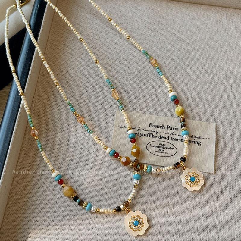 Sunflower Beaded Necklace - Elegant and Fashionable - Small Pearl - Natural Stone - Collar Chain - Necklace