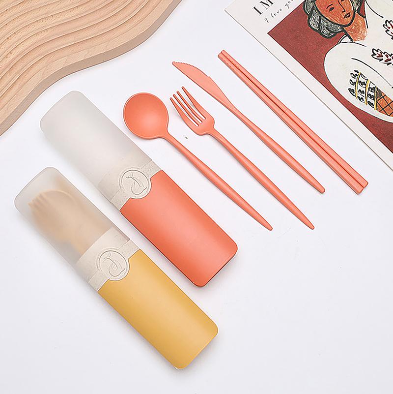 4Pcs Wheat Straw Cutlery Set Portable Tableware Reusable Spoon Knife Chopsticks Fork Travel Picnic With Carrying Box