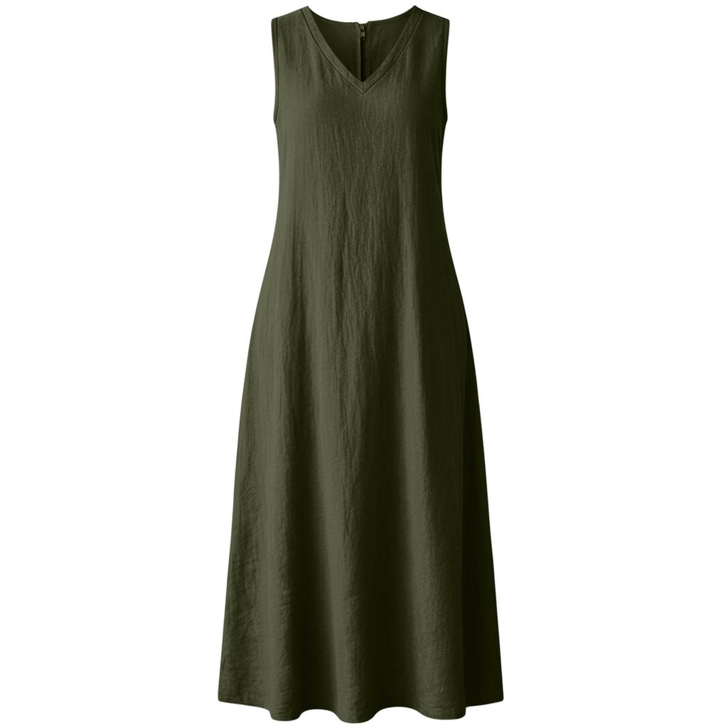 Women Sleeveless Casual V Neck Midi Dress with Zipper and Pockets Relaxed Fit Solid Color Tank Dress