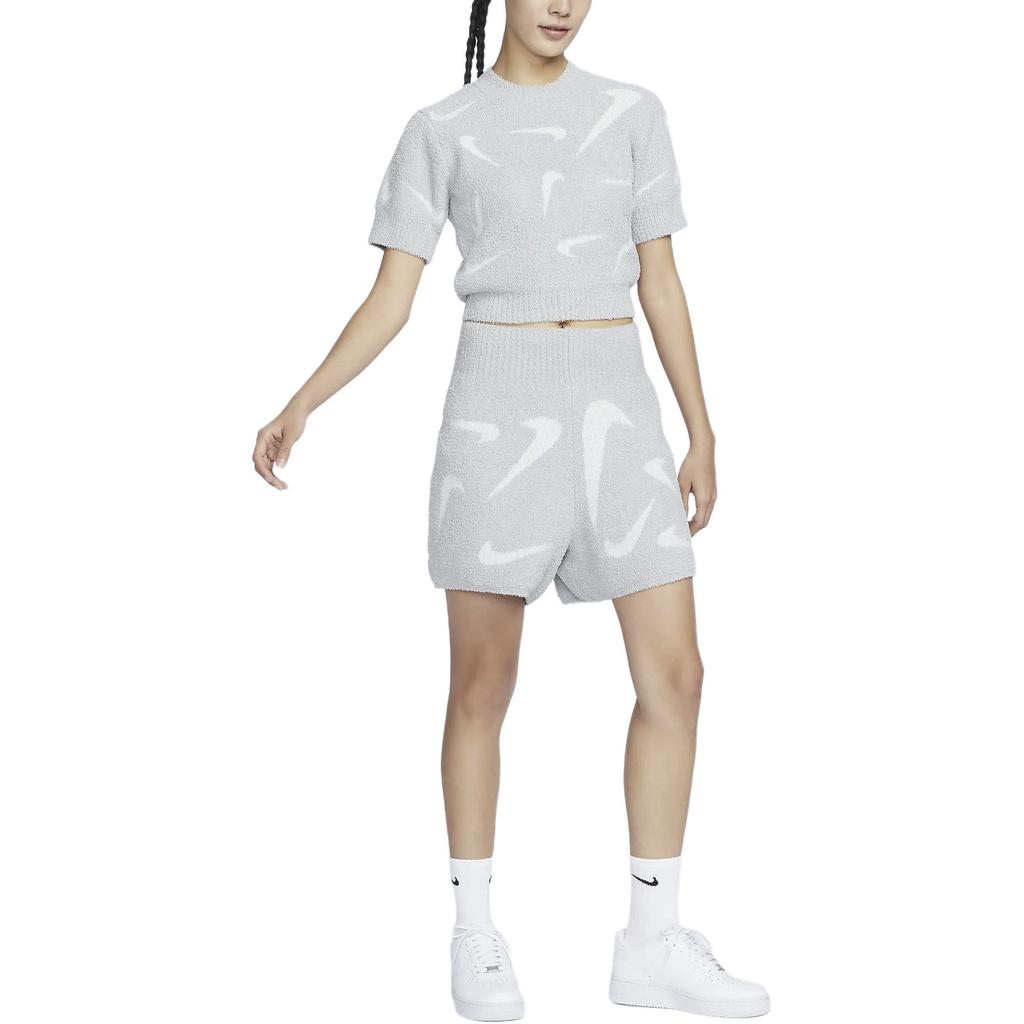 Nike Sportswear Phoenix Cozy All-Over Print Cropped Casual Short Sleeve T-Shirt Women Tops Light-Smoke-Grey FD4287-077