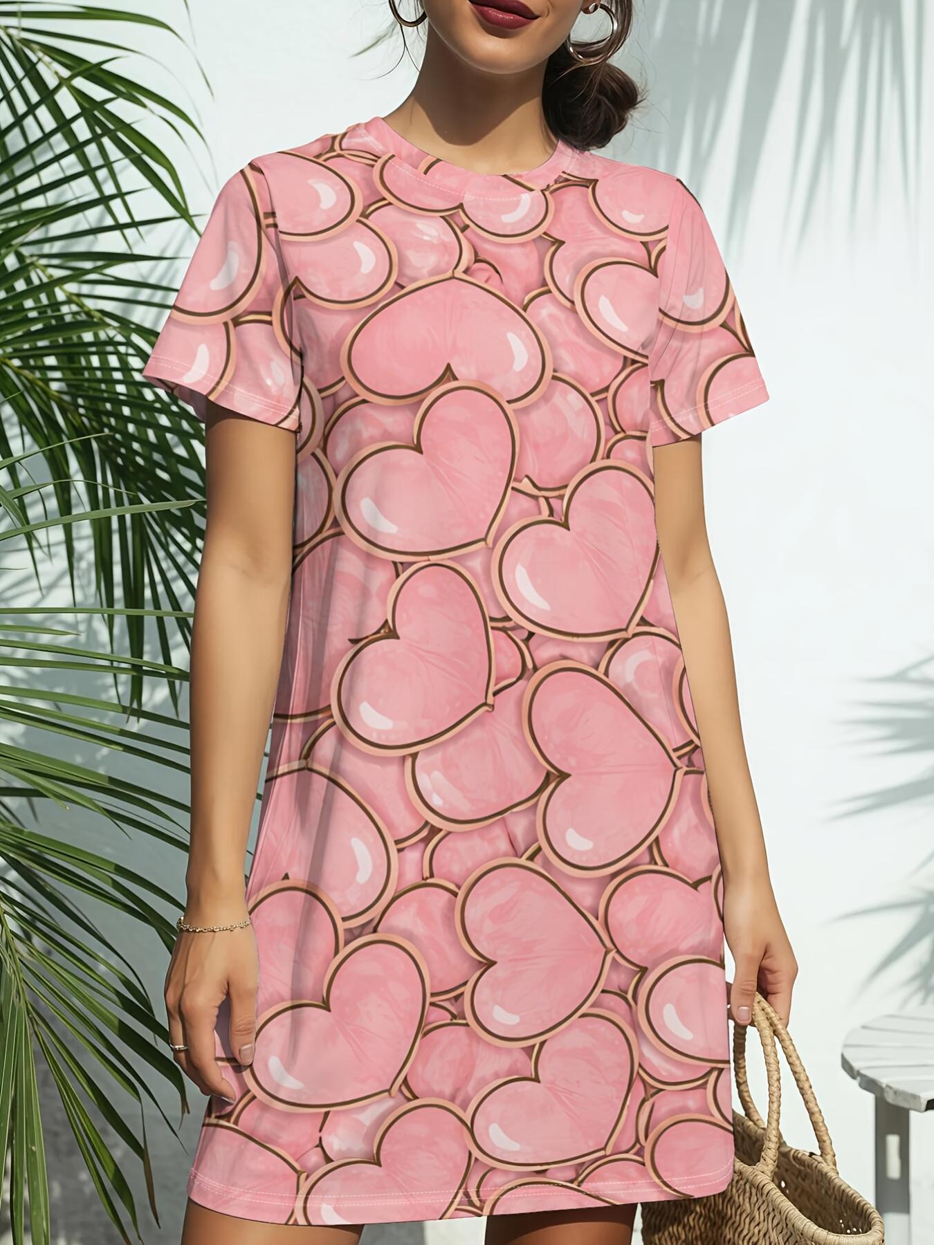 

Pink Heart New Women S Round Neck Short Sleeve T-Shirt Dress. American Style Trendy Digital Print. Casual And Versatile for Spring And Summer. Elegant 3XL дубильна кора