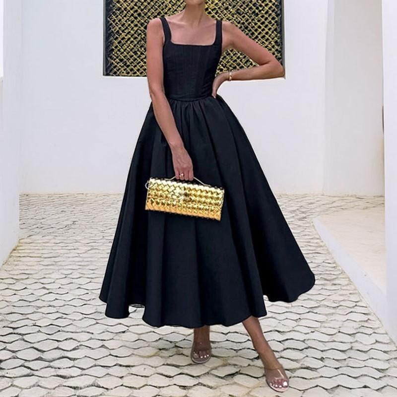 2026 Elegant Solid Color Off-Shoulder Fitted Waist A-Line Maxi Dress Women Small чёрный