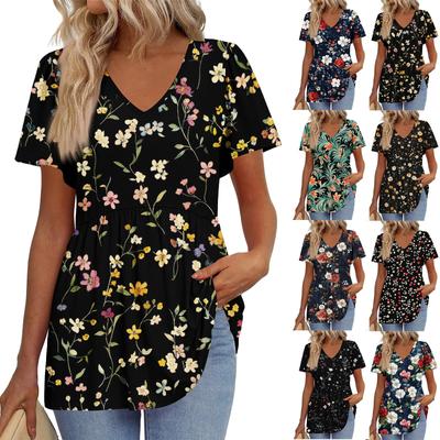 Damen T-Shirt mit V-Ausschnitt, locker, lässig, bedruckt, kurzärmelig