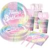 Gradient Rainbow Macaron Theme Birthday Tableware Set for Kids: Disposable Tablecloth, Napkins, Decorations