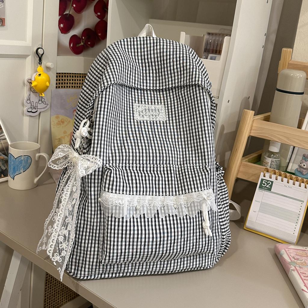 Schoolbag Milk Huhu Plaid Lace Backpack Girl Heart Travel Small Backpack Japanese Sweet Wind Student Party School Bag