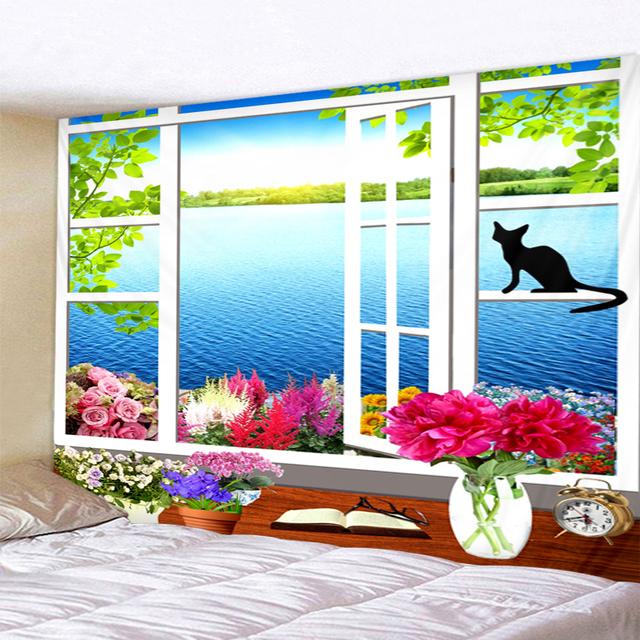 Fereastră tridimensională, peisaj naturii, agățat pe perete, tapiserie, decorare artistică, perdea suspendată pentru dormitor, sufragerie, decorare