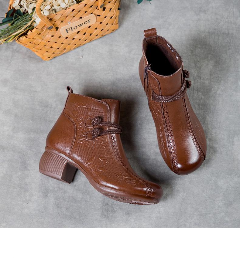 New Women's Retro Chunky Heel Short Boots, Genuine Leather Round Toe Shoes, Non-Slip for Fall/Winter, Commuting & Casual