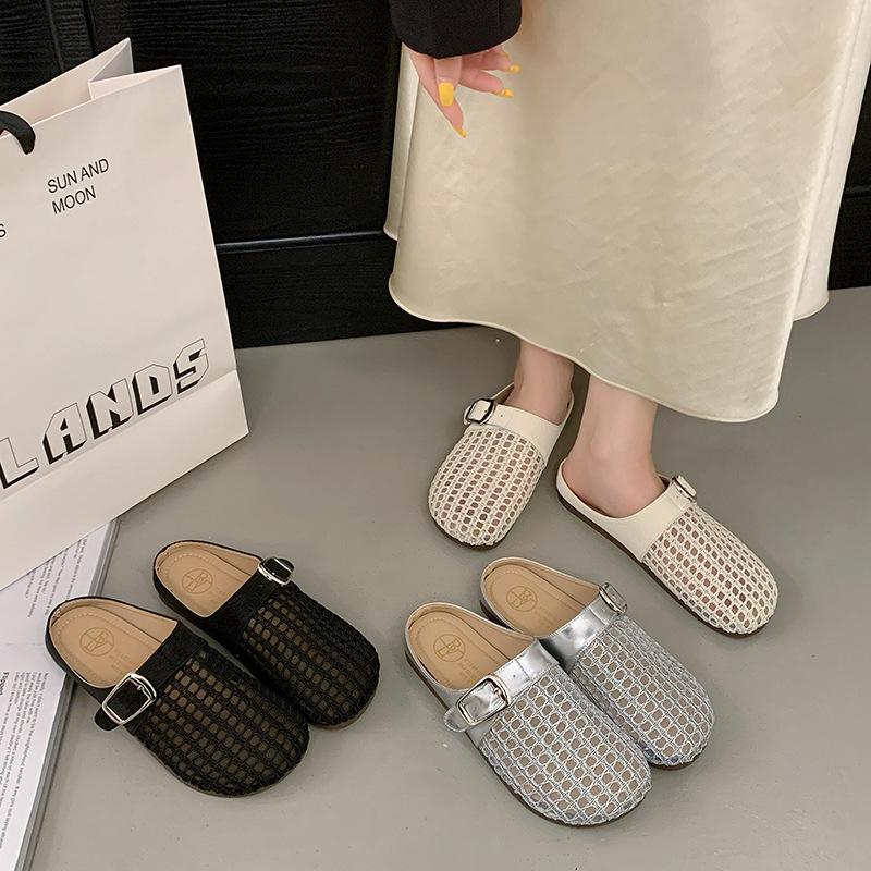 Baotou Half-slipper Women's Summer Shoes Flat-bottomed Fashionable Mesh Perforated One-foot Flip-flops