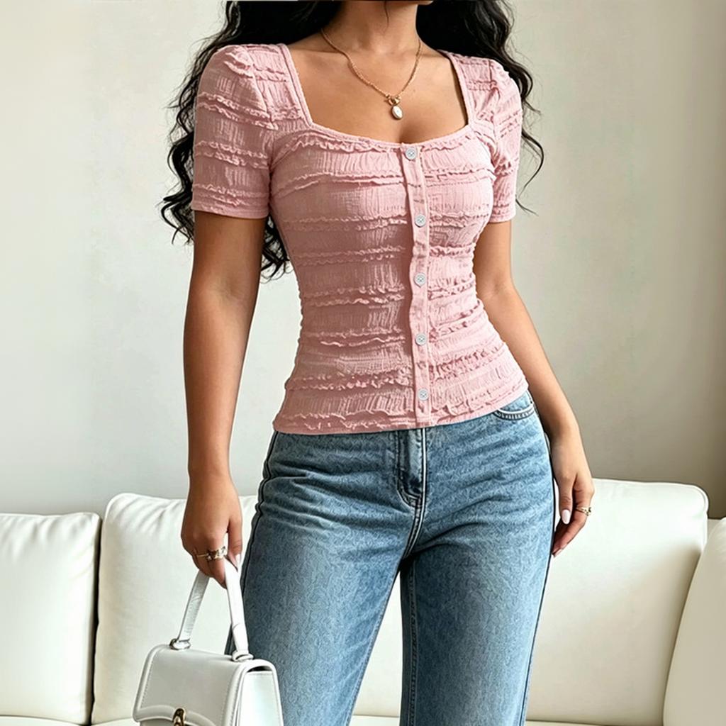Women's Casual Solid Button Front Square Neck Short Sleeve T-Shirt Top Slim Fit Lightweight Stretchy Fabric