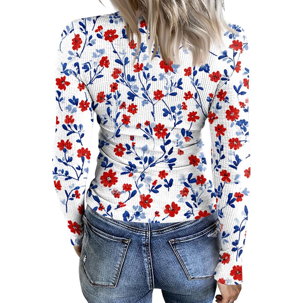 Women’s Casual Long Sleeve Ribbed Crew Neck Top with Floral Print Pullover Lightweight Stretchy Knitwear for Daily Wear