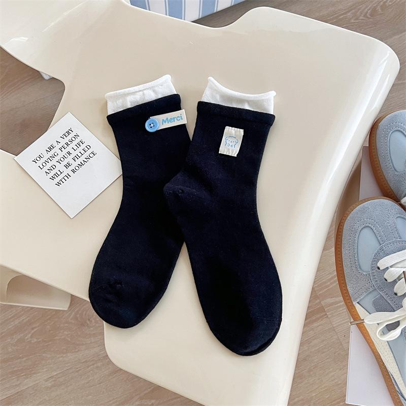 

Spring and Summer AB Side Button Fabric Label Double Seam Socks, Women s Cotton Boneless Mid-calf Socks, Cute Pile Socks 1 pair чорний