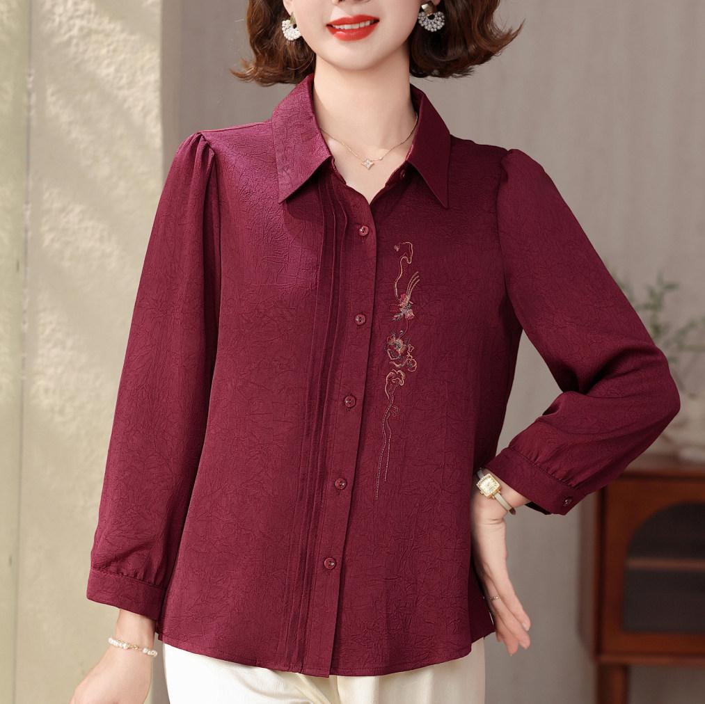 

2026 Spring Elegant Long-Sleeve Lapel Top for Middle-Aged and Elderly Women 3XL - Recommended for [120-135] lbs червоний