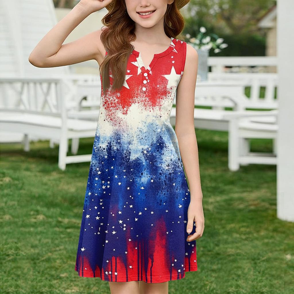 Girl Summer Dress Color & Print Sleeveless Dress With Pocket Casual Dress Sleeveless Party Dress Independence Day