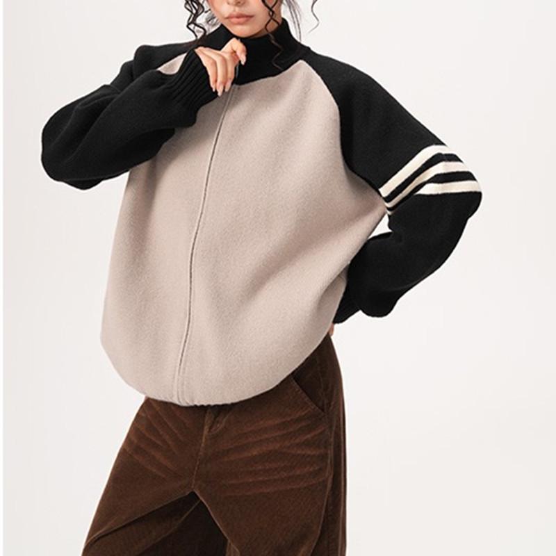 

Unisex Colorblock Knit Cardigan: Heavyweight, Trendy, Loose-Fit, Autumn/Winter Sporty Stand-up Collar Sweater. XL
