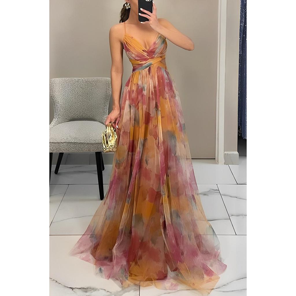 Spring Summer New Mesh Print Slip Dress for Women Crossborder European American Style