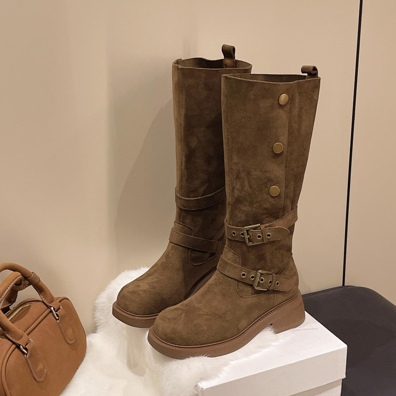 

Black retro British style two-wearing boots for women s 2025 autumn new thick-soled high-tube boots that increase the height but knee boots 40 темно-коричневого