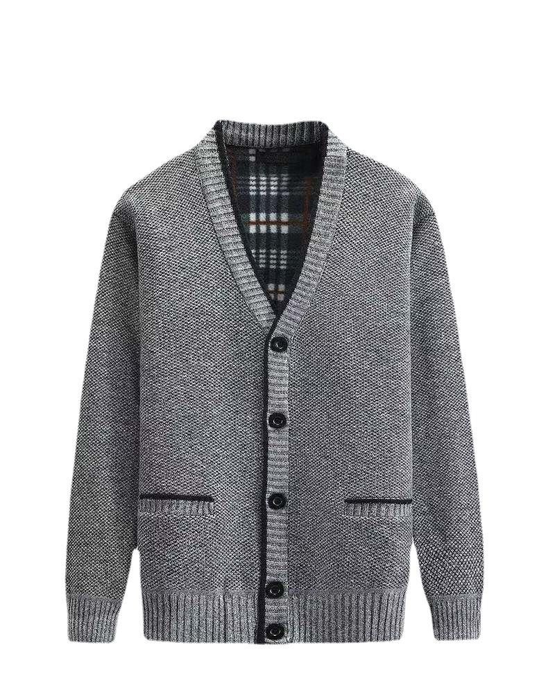 Men's Winter Thickened V-Neck Plus Velvet Sweater Cardigan for Middle-Aged & Elderly