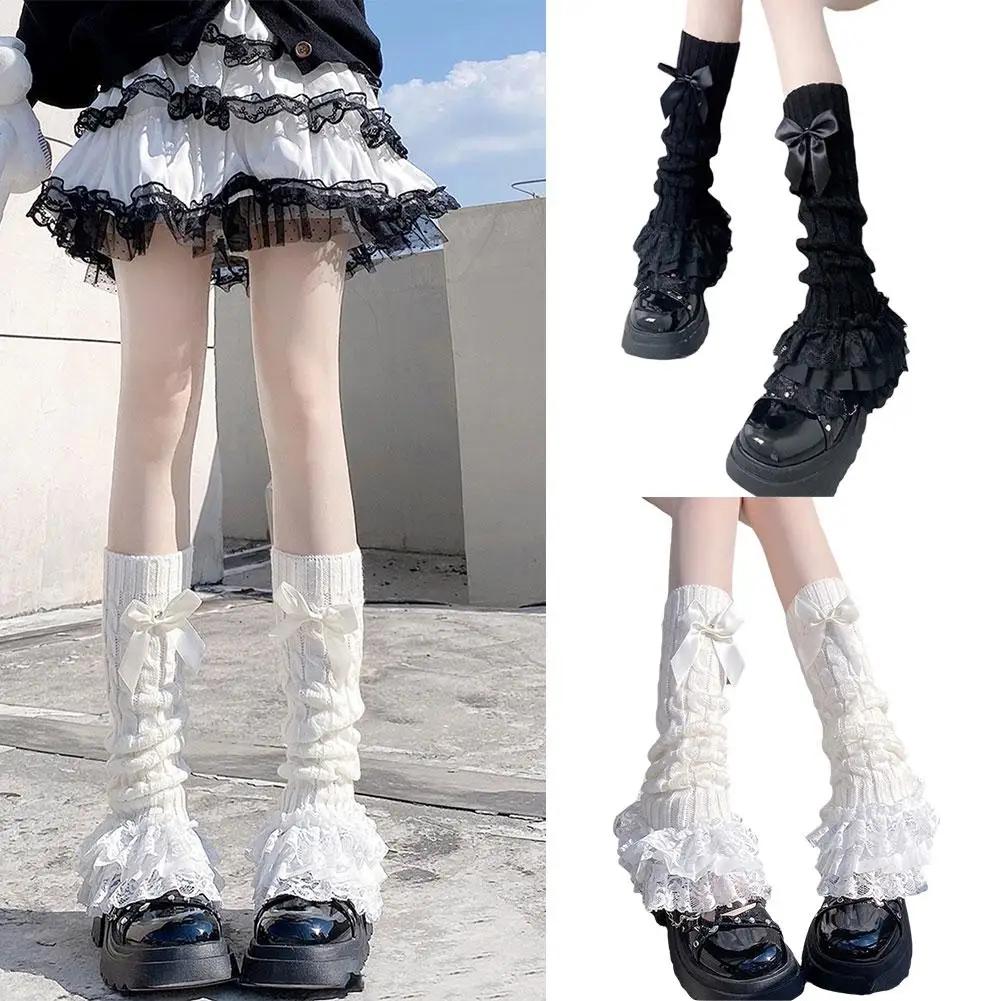 Lolita Socks Black Ruffled Socks Leg Warmers White Knitted Leg Warmers For Festival Outfit Casual Wear Cosplay
