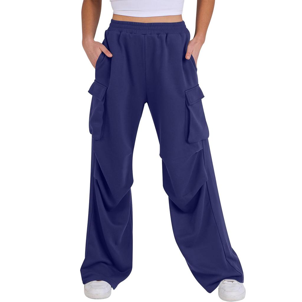 Women’s Wide Leg Cargo Pants Loose Fit High Waist Elastic Waistband Casual Trousers with Multiple Pockets for Daily Wear